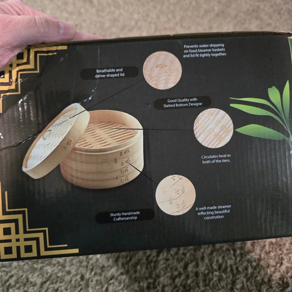 KelRober 10 Inch Bamboo Steamer Set 2‎ Tier Chinese Dumpling Dim Sum Basket New